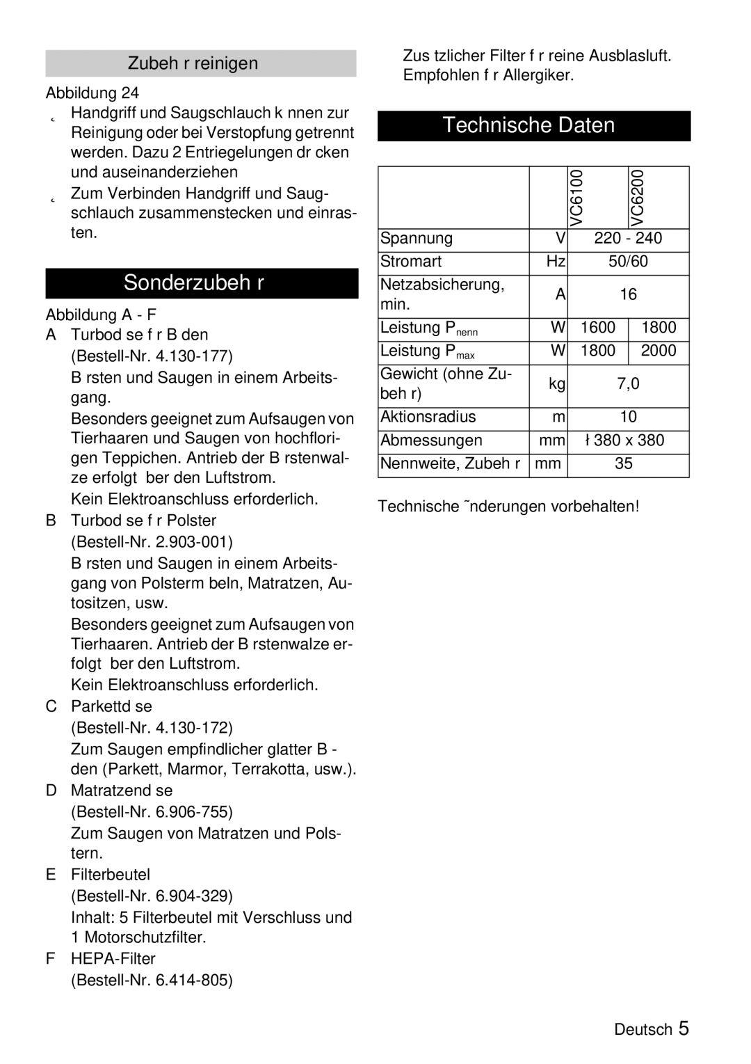 Karcher VC 6200, VC 6100 manual Sonderzubehör, Technische Daten, Zubehör reinigen, Technische Änderungen vorbehalten 