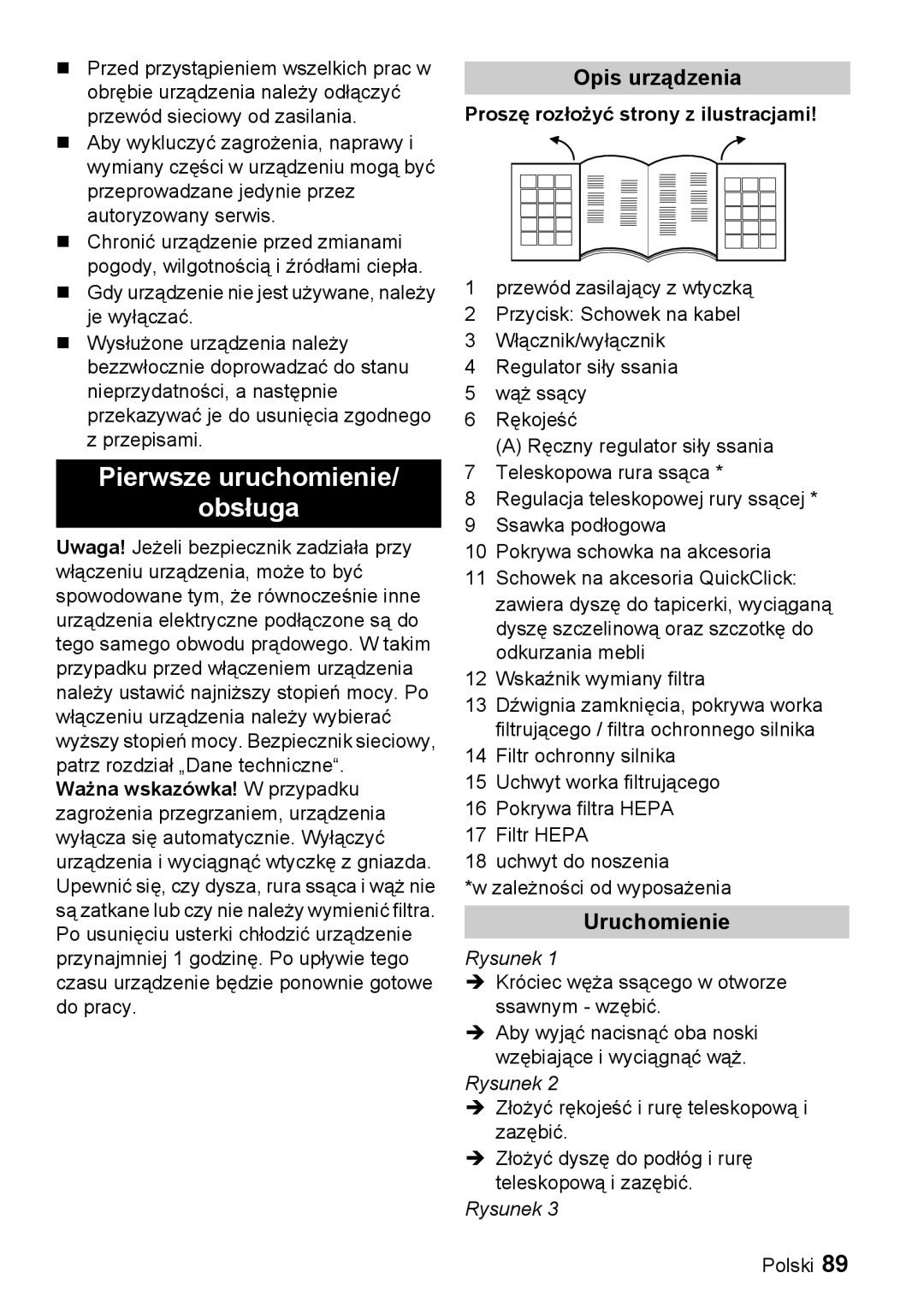 Karcher VC 6200 manual Pierwsze uruchomienie Obsługa, Opis urządzenia, Uruchomienie, Proszę rozłożyć strony z ilustracjami 