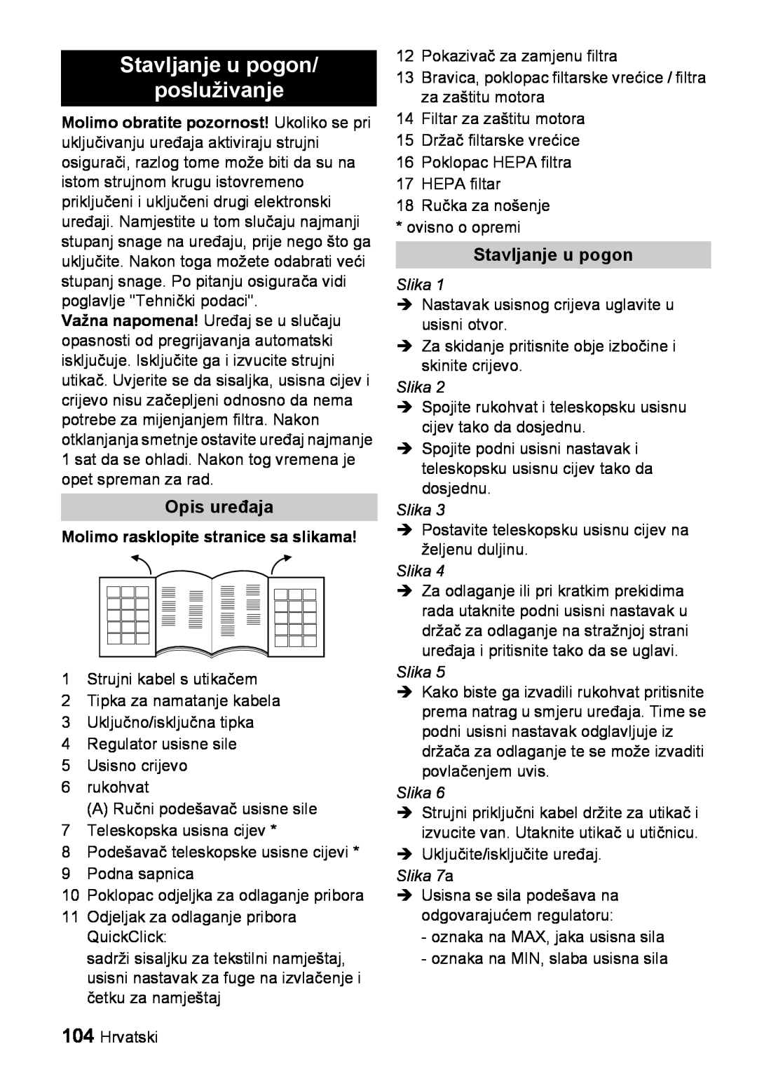 Karcher VC 6100 manual Stavljanje u pogon posluživanje, Opis uređaja, Molimo rasklopite stranice sa slikama, Slika 7a 
