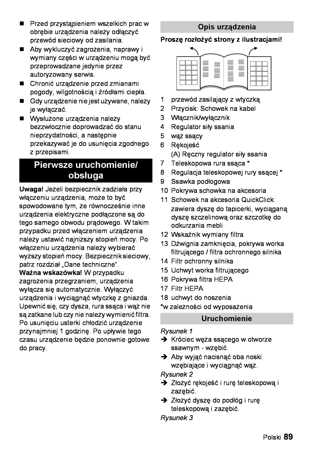 Karcher VC 6200 manual Pierwsze uruchomienie obsługa, Opis urządzenia, Uruchomienie, Proszę rozłożyć strony z ilustracjami 