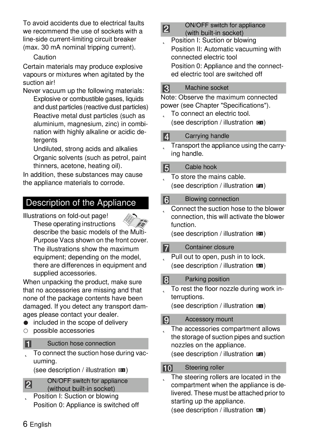 Karcher WD 3.2XX manual Description of the Appliance, See description / illustration 