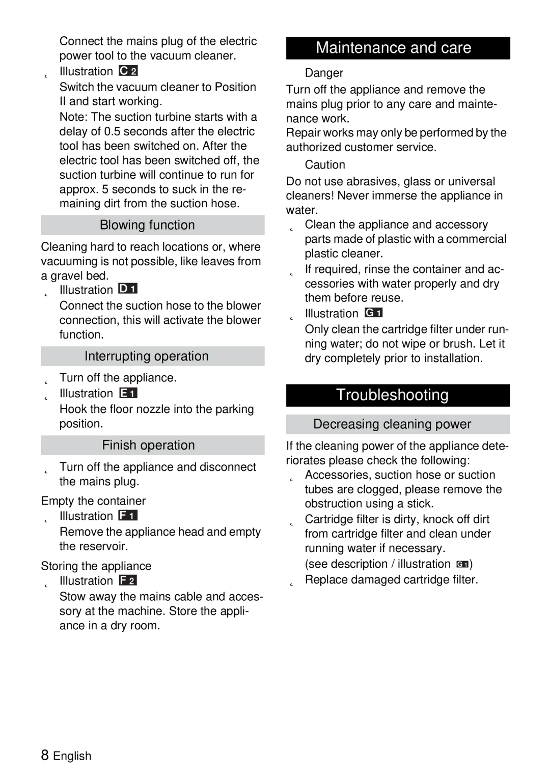 Karcher WD 3.2XX manual Maintenance and care, Troubleshooting 