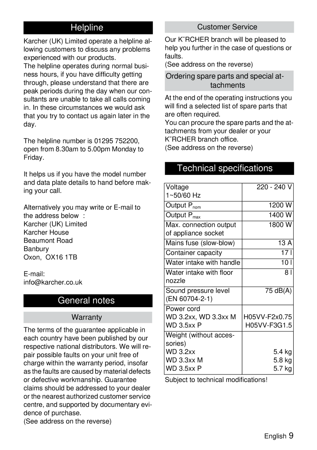 Karcher WD 3.2XX manual Helpline, General notes, Technical specifications 