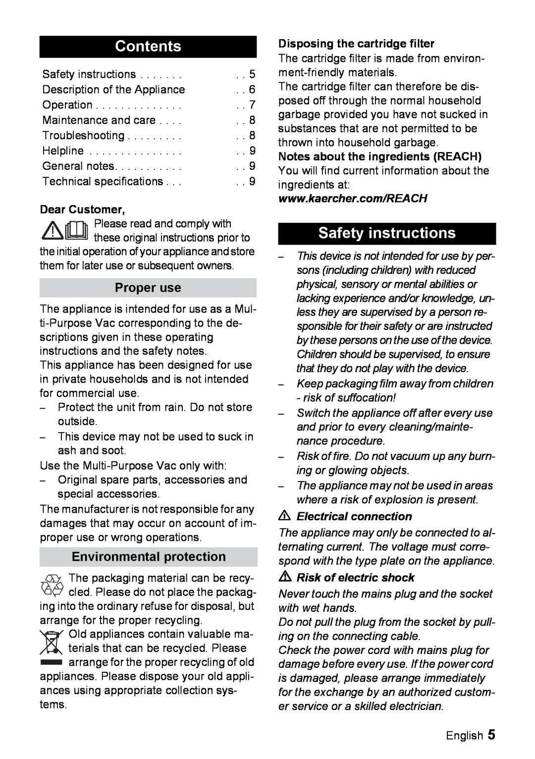 Karcher WD 3.2XX manual Contents, Safety instructions, Proper use, Environmental protection, Electrical connection 
