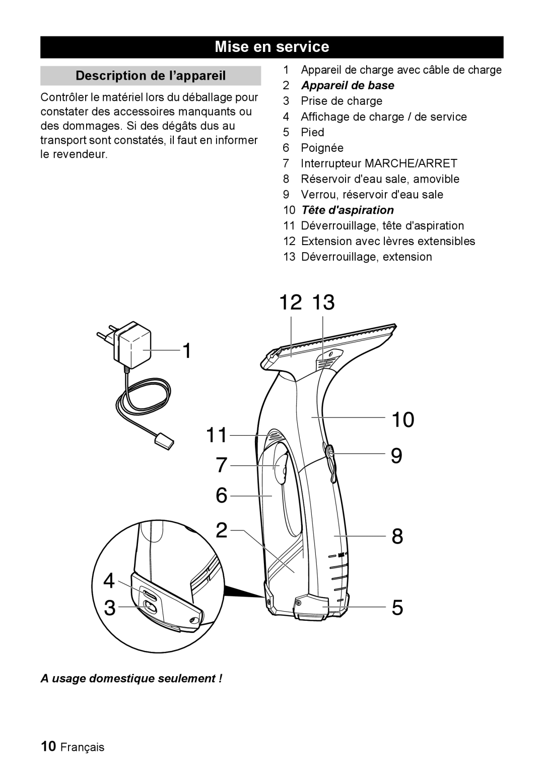 Karcher WV 50 manual Mise en service, Description de l’appareil, Appareil de base, 10 Tête daspiration 