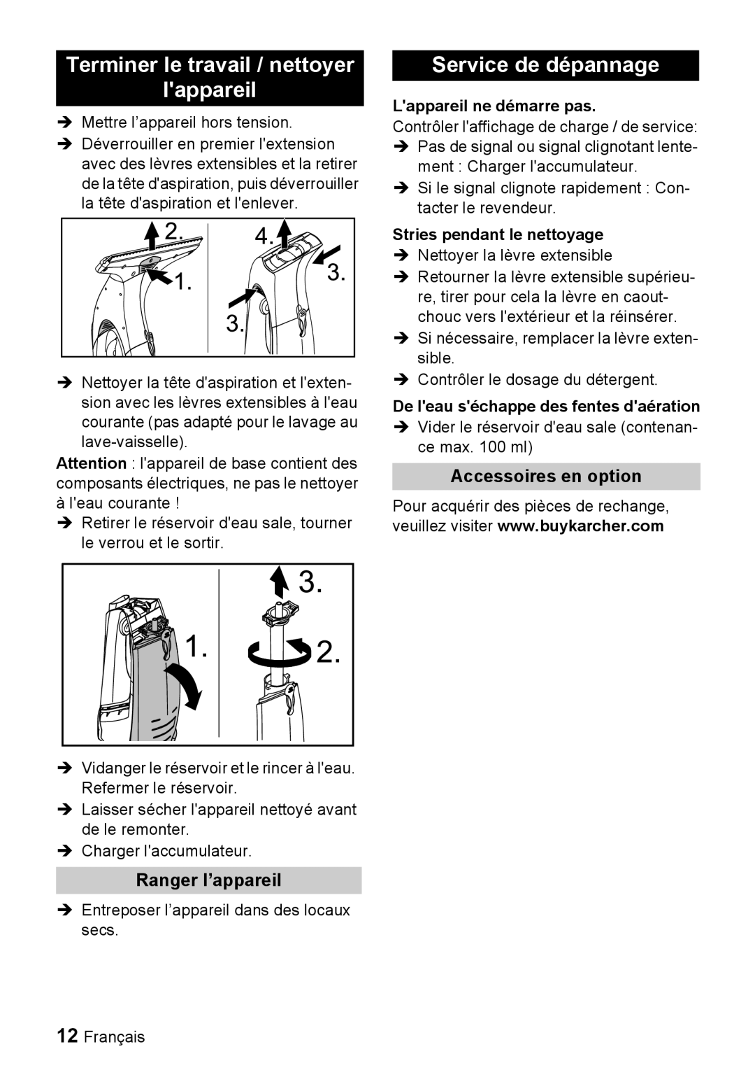 Karcher WV 50 Terminer le travail / nettoyer Lappareil, Service de dépannage, Ranger l’appareil, Accessoires en option 