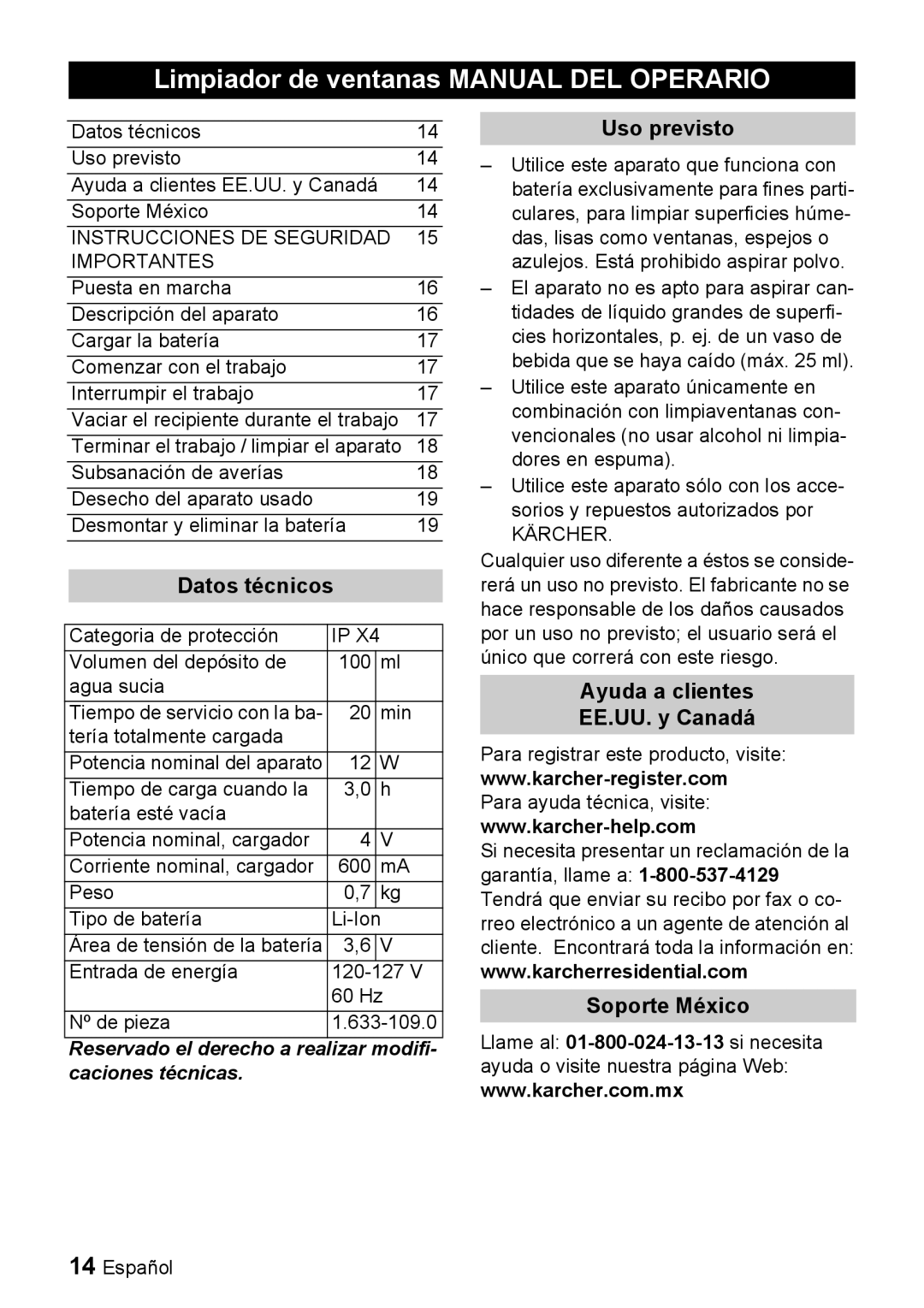 Karcher WV 50 manual Limpiador de ventanas Manual DEL Operario, Datos técnicos, Uso previsto 