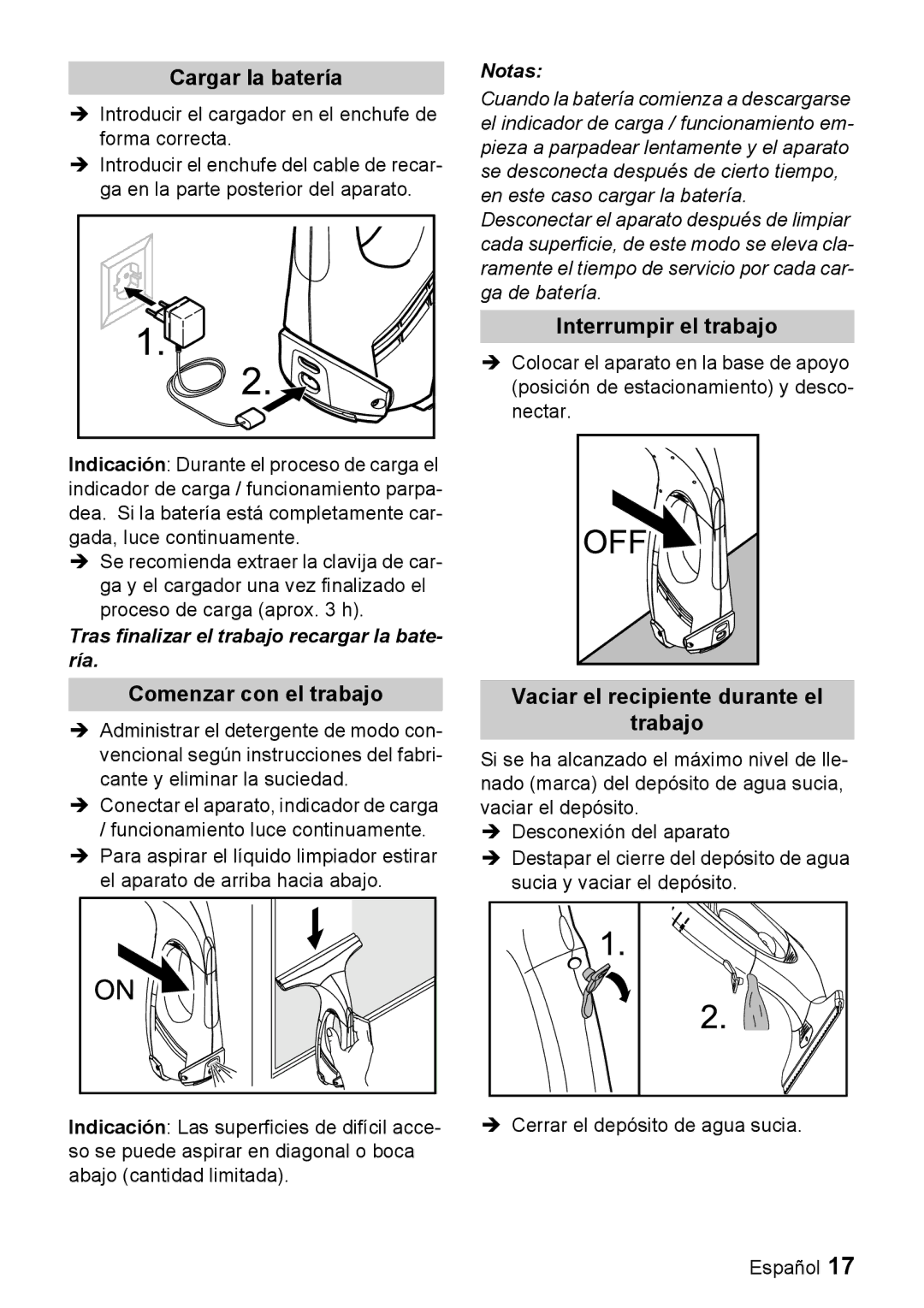 Karcher WV 50 Cargar la batería, Comenzar con el trabajo, Interrumpir el trabajo, Vaciar el recipiente durante el Trabajo 