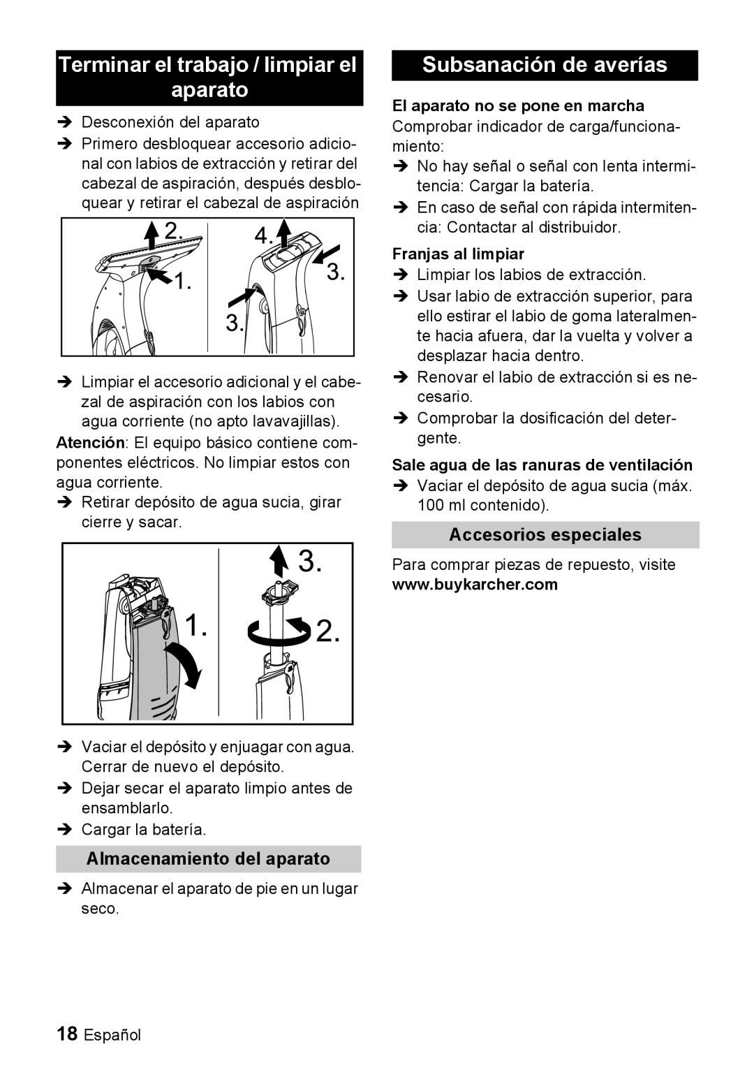 Karcher WV 50 manual Terminar el trabajo / limpiar el Aparato, Subsanación de averías, Almacenamiento del aparato 