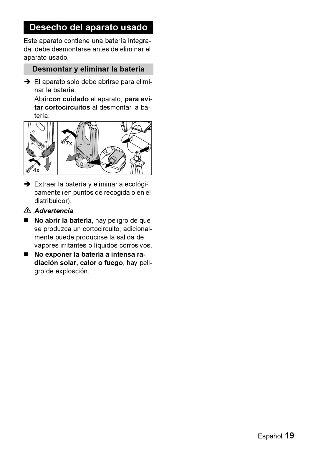 Karcher WV 50 manual Desecho del aparato usado, Desmontar y eliminar la batería, Advertencia 