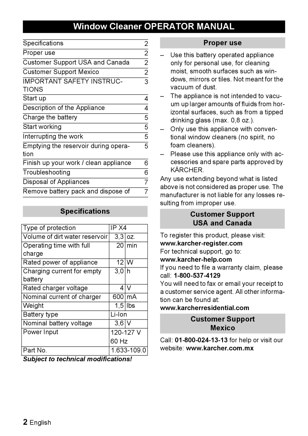 Karcher WV 50 manual Window Cleaner Operator Manual, Proper use, Specifications, Customer Support USA and Canada 