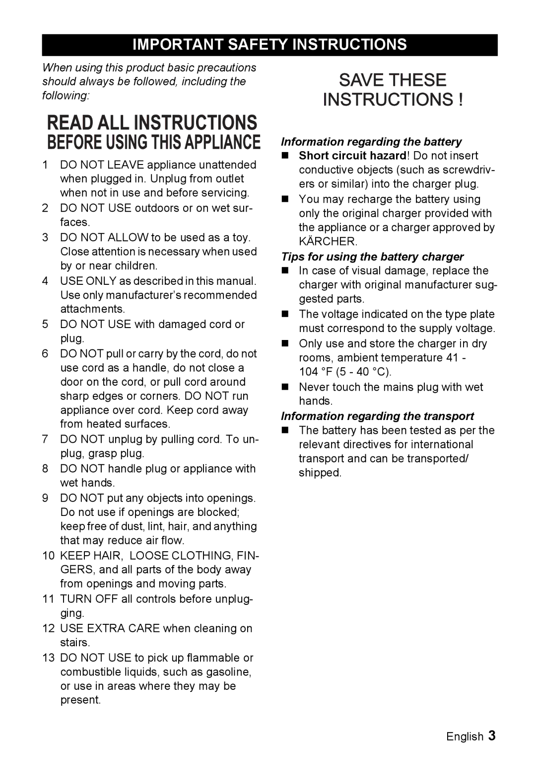 Karcher WV 50 Information regarding the battery, Tips for using the battery charger, Information regarding the transport 