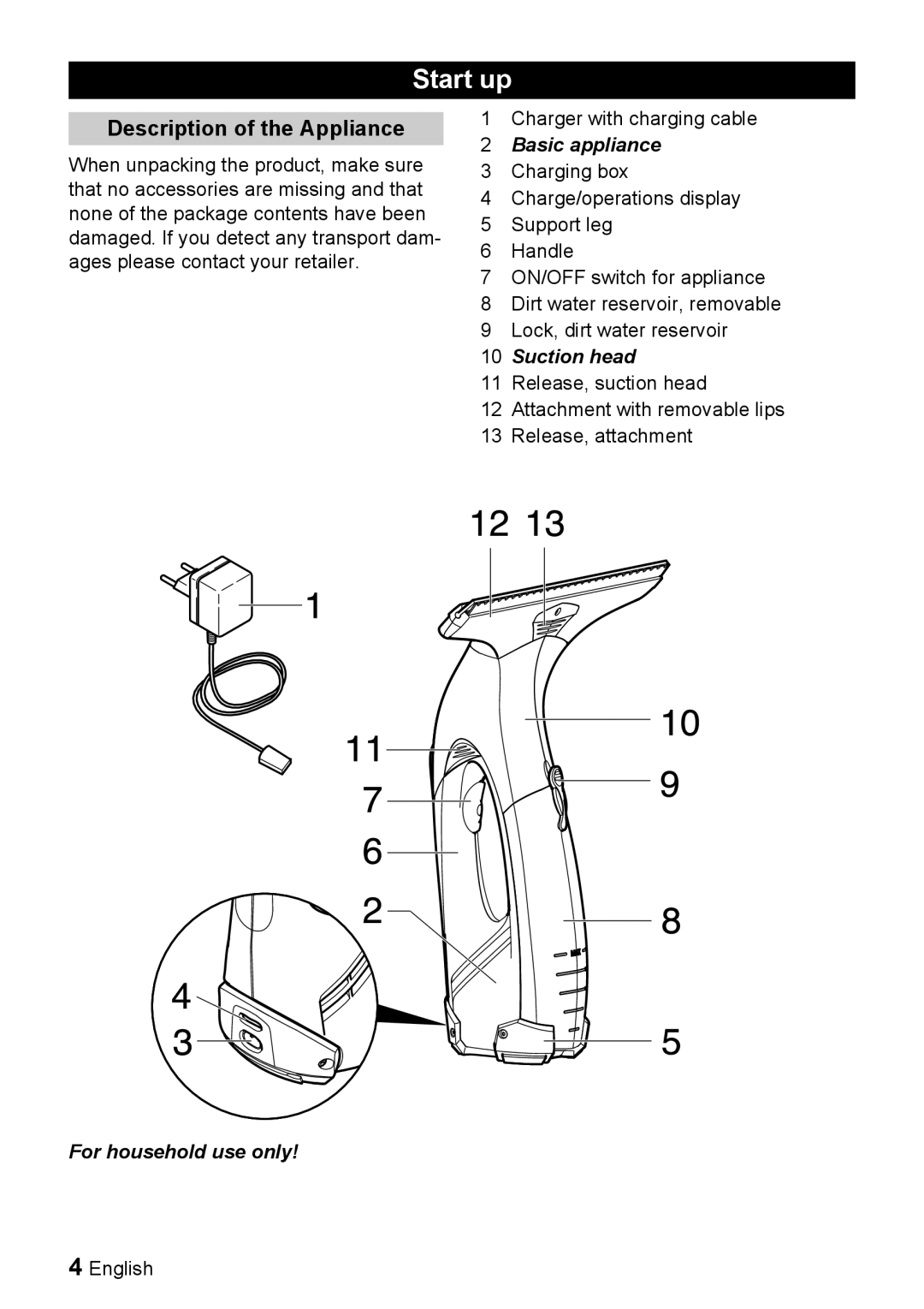 Karcher WV 50 manual Start up, Description of the Appliance, Basic appliance, Suction head, For household use only 