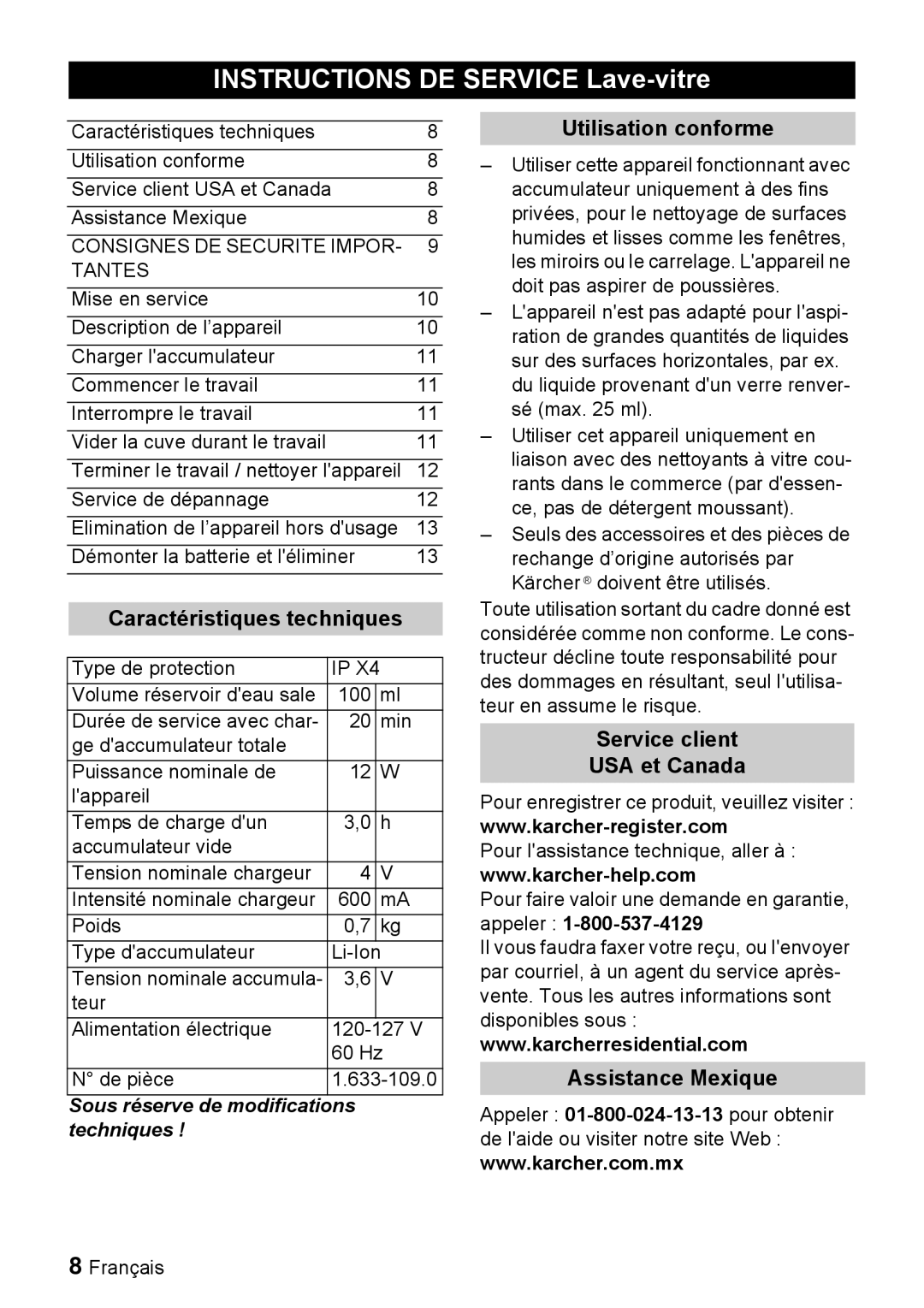 Karcher WV 50 Instructions DE Service Lave-vitre, Caractéristiques techniques, Utilisation conforme, Assistance Mexique 