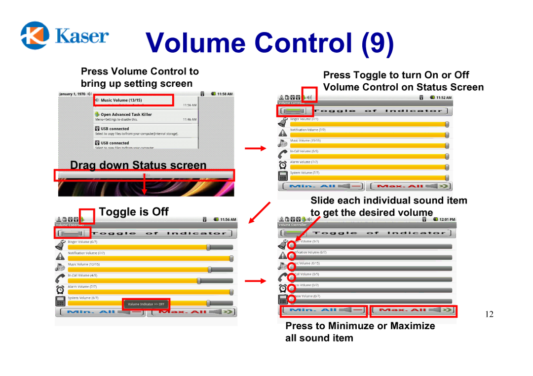 Kaser YF730A8G manual Volume Control, Drag down Status screen Toggle is Off 