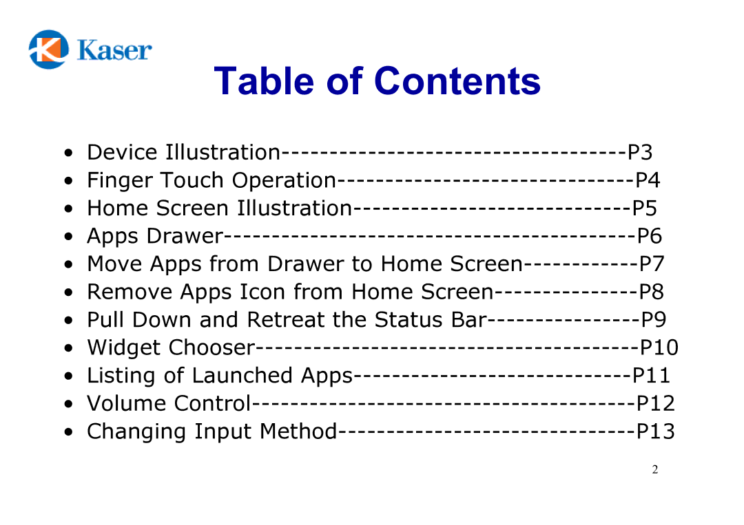 Kaser YF730A8G manual Table of Contents 