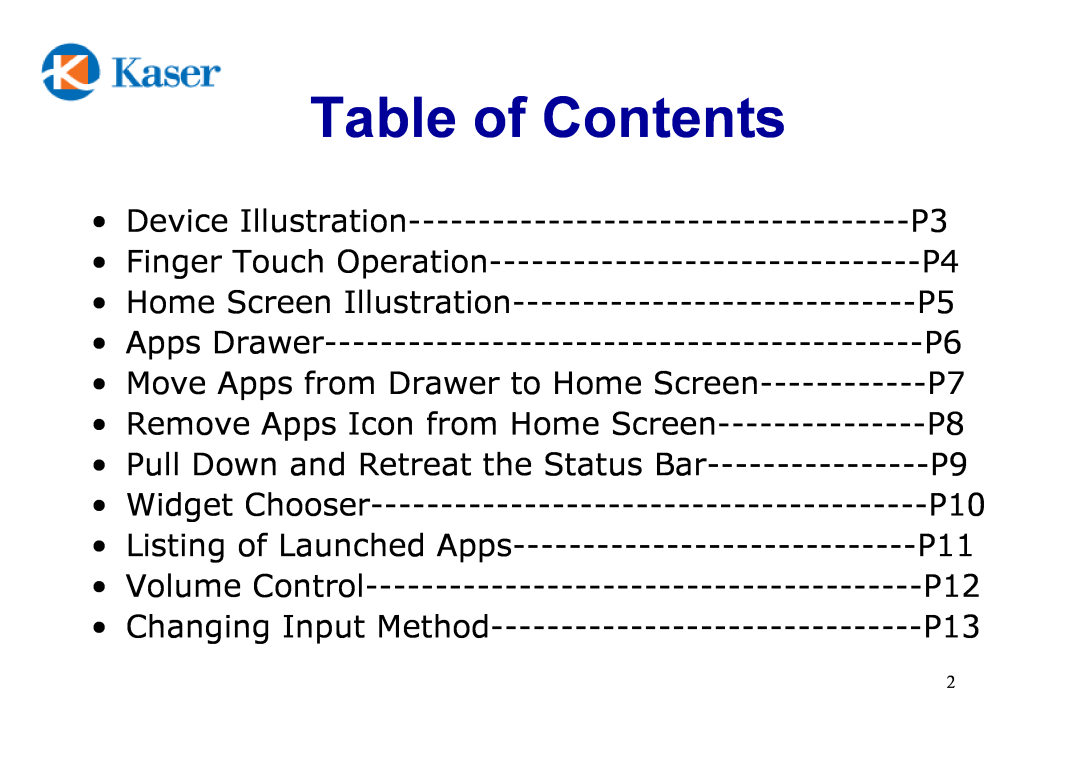 Kaser YF730A8G manual Table of Contents 