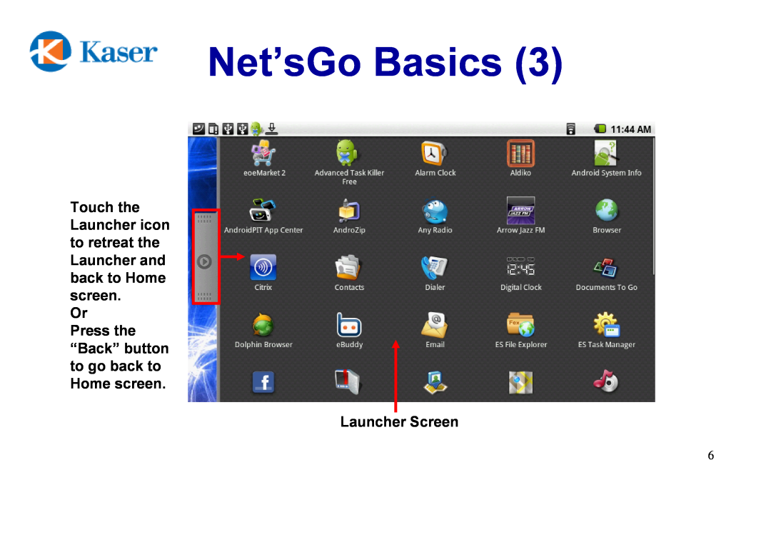 Kaser YF730A8G manual Net’sGo Basics, Or Press the “Back” button to go back to Home screen Launcher Screen 