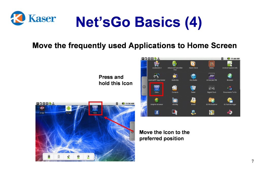 Kaser YF730A8G manual Move the frequently used Applications to Home Screen, Net’sGo Basics 