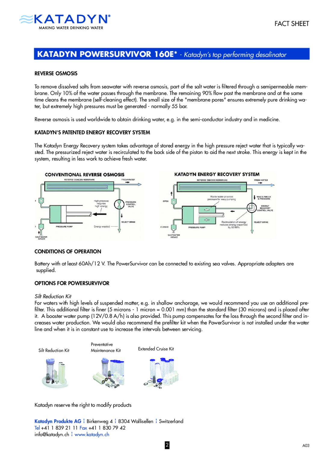 Katadyn 160E Reverse Osmosis, Katadyns Patented Energy Recovery System, Conditions of Operation, Options for Powersurvivor 