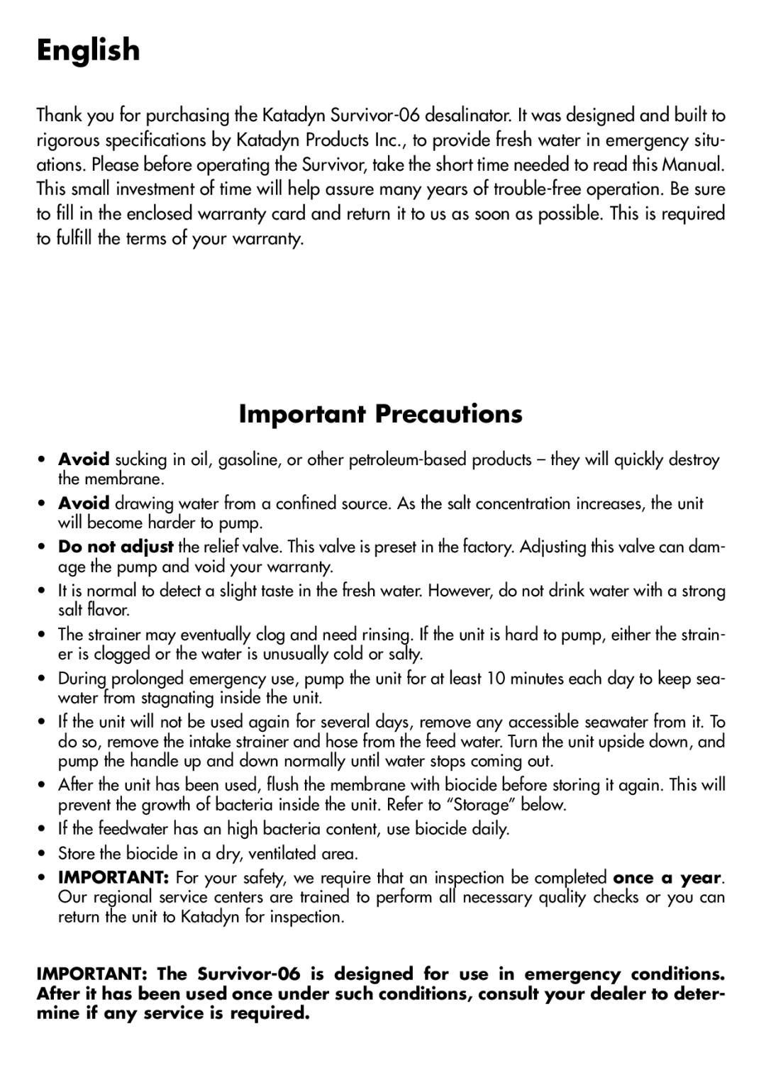 Katadyn 8013418, 8013419 manual Important Precautions, IMPORTANT The Survivor, English 