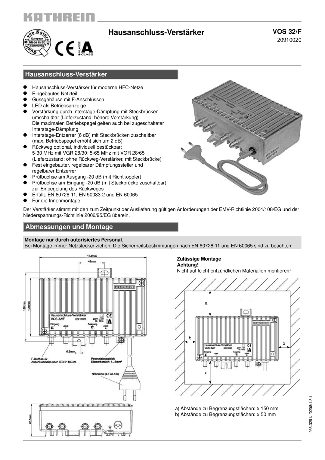 Kathrein 20910020 manual Hausanschluss-Verstärker, Abmessungen und Montage 