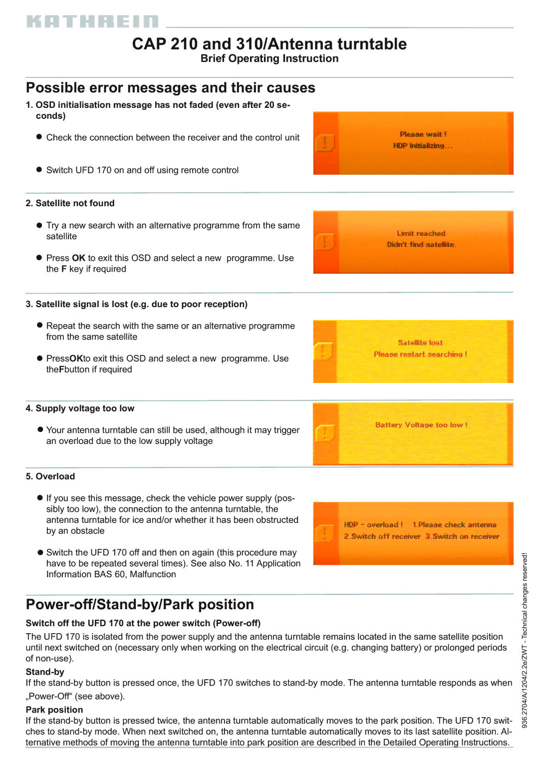 Kathrein 310 manual Possible error messages and their causes, Power-off/Stand-by/Park position 