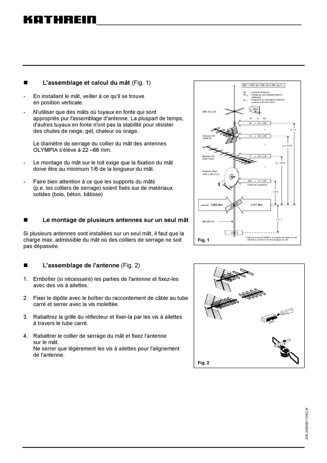 Kathrein AOP 65, AOI 65, AON 65 manual „ Lassemblage et calcul du mât Fig, „ Le montage de plusieurs antennes sur un seul mât 