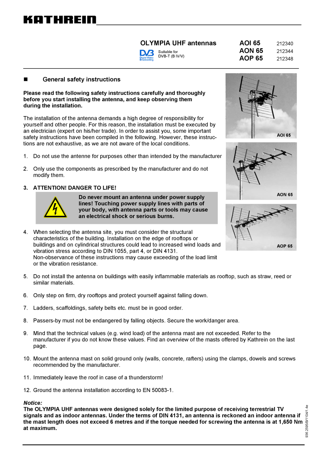 Kathrein AON 65, AOI 65, AOP 65 manual „ General safety instructions, Aoi Aon Aop 