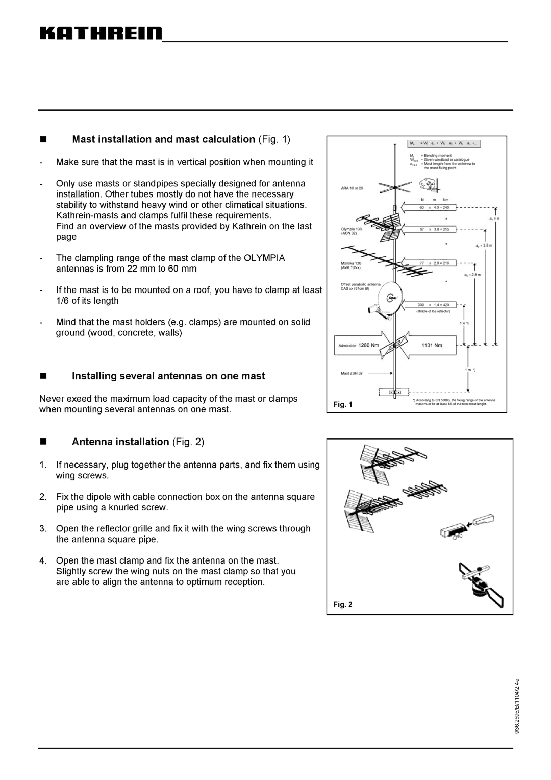 Kathrein AOI 65, AOP 65, AON 65 manual „ Mast installation and mast calculation Fig, Installing several antennas on one mast 