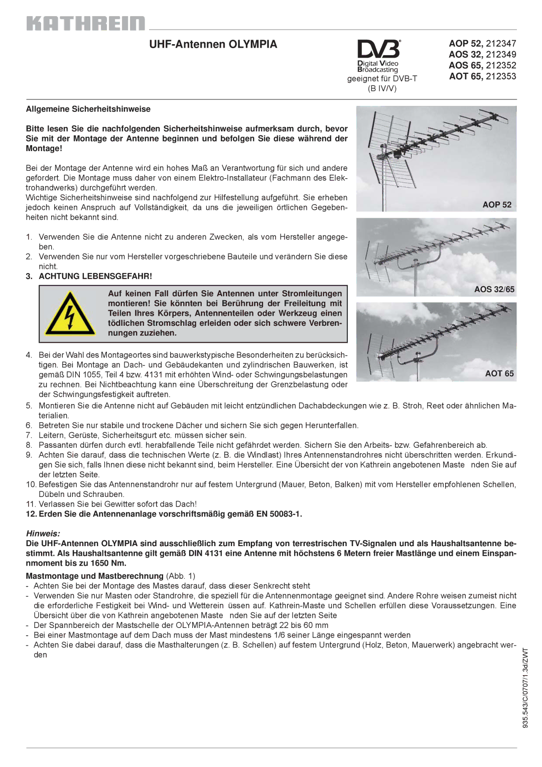 Kathrein AOP 52 manual UHF-Antennen Olympia, AOS 32, AOS 65, AOT 65 