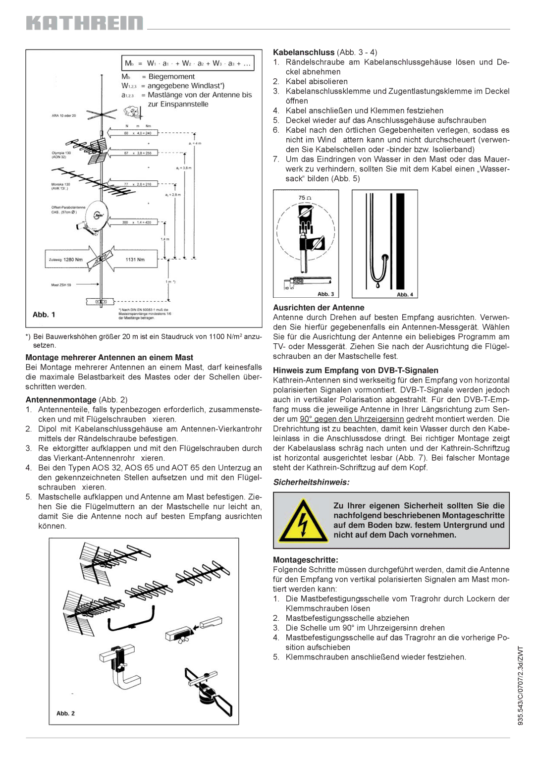 Kathrein AOS 32 Montage mehrerer Antennen an einem Mast, Antennenmontage Abb, Kabelanschluss Abb, Ausrichten der Antenne 
