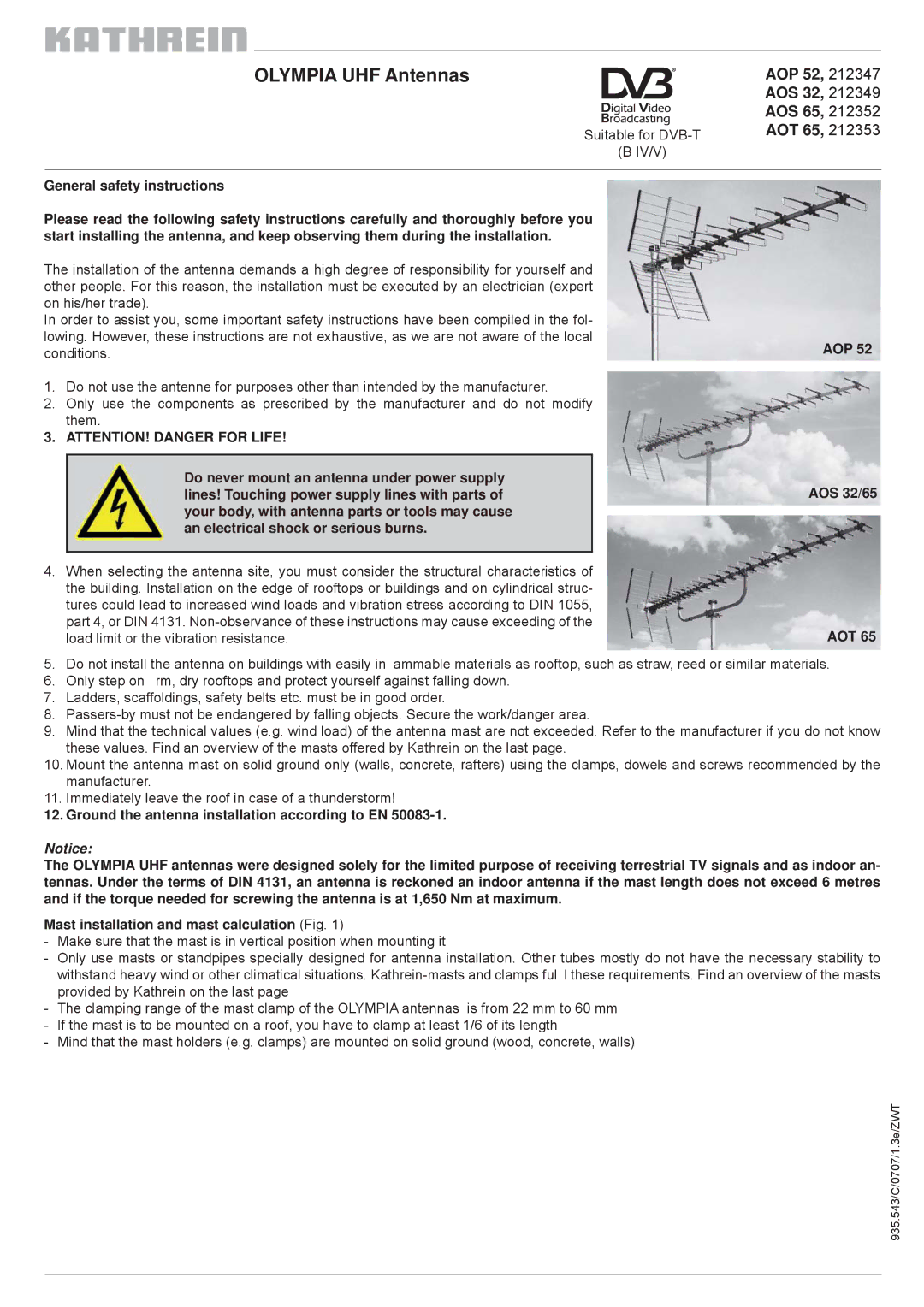 Kathrein manual Olympia UHF Antennas, AOP 52, 212347 AOS 32, 212349 AOS 65, 212352 AOT 65, AOP AOS 32/65 AOT 