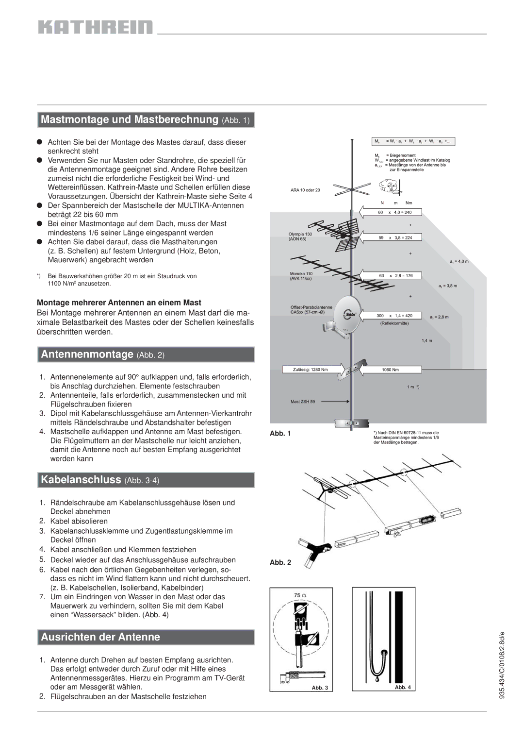 Kathrein AV 09 211453 Mastmontage und Mastberechnung Abb, Antennenmontage Abb, Kabelanschluss Abb, Ausrichten der Antenne 