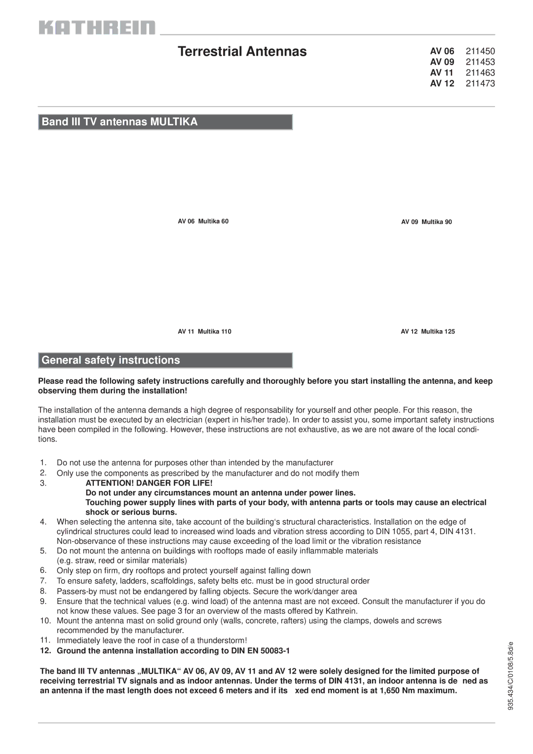 Kathrein AV 11 211463, AV 06 211450 manual Terrestrial Antennas, Band III TV antennas Multika, General safety instructions 