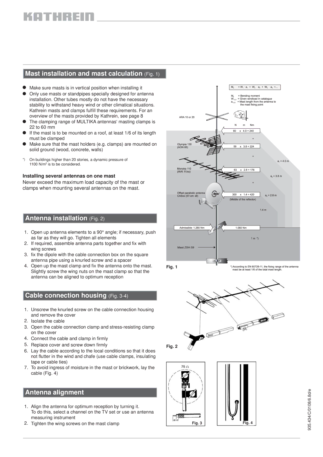 Kathrein AV 09 211453 Mast installation and mast calculation Fig, Antenna installation Fig, Cable connection housing Fig 