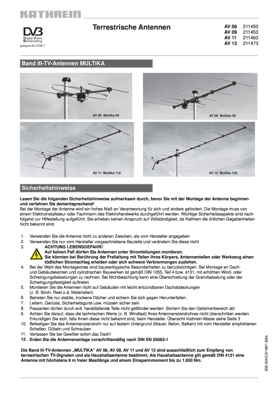 Kathrein AV 11 211463 manual Terrestrische Antennen, Band III-TV-Antennen MULTIKA, Sicherheitshinweise, 211450, 211453 