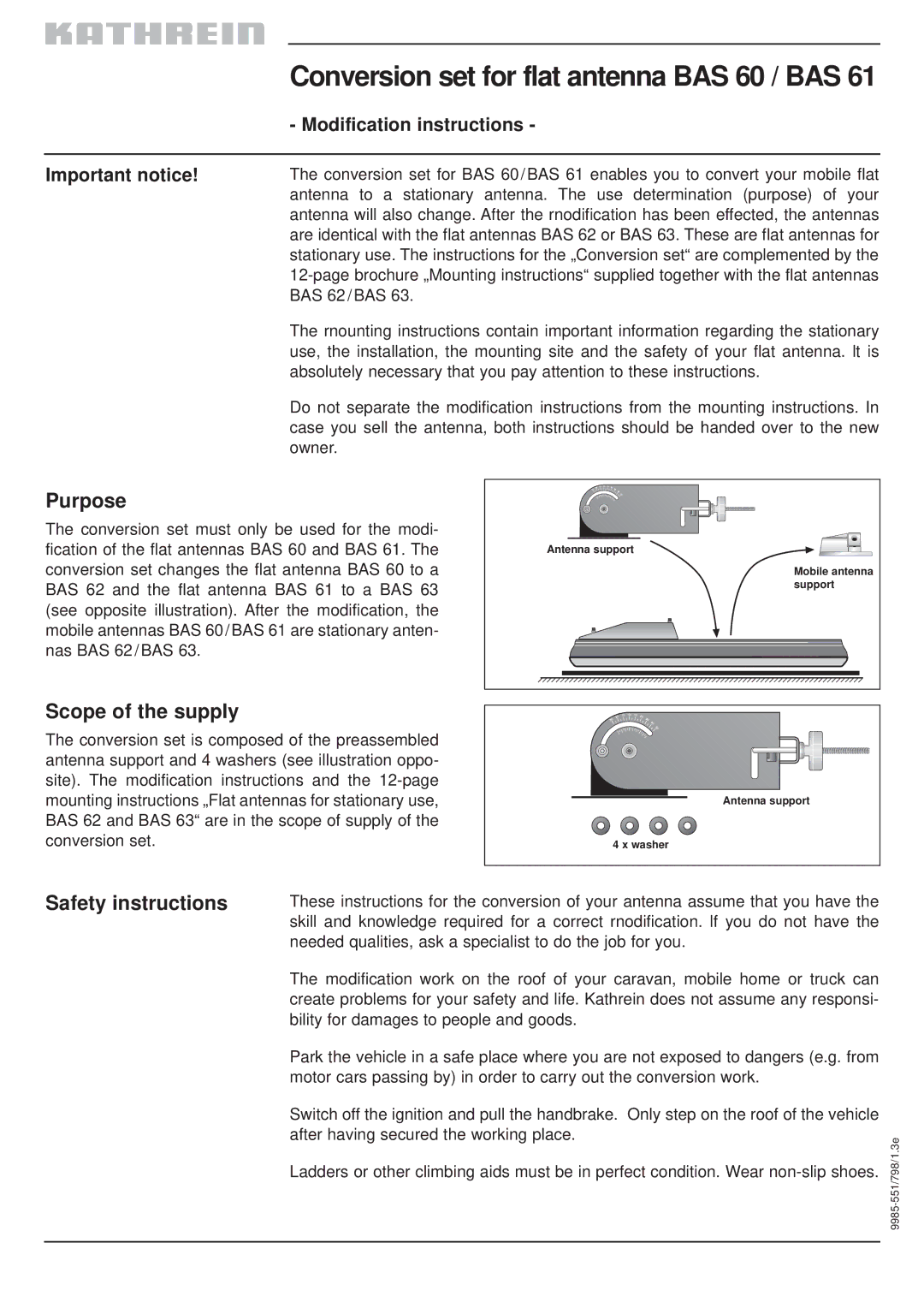 Kathrein BAS 61 brochure Purpose, Scope of the supply, Safety instructions, Modification instructions, Important notice 