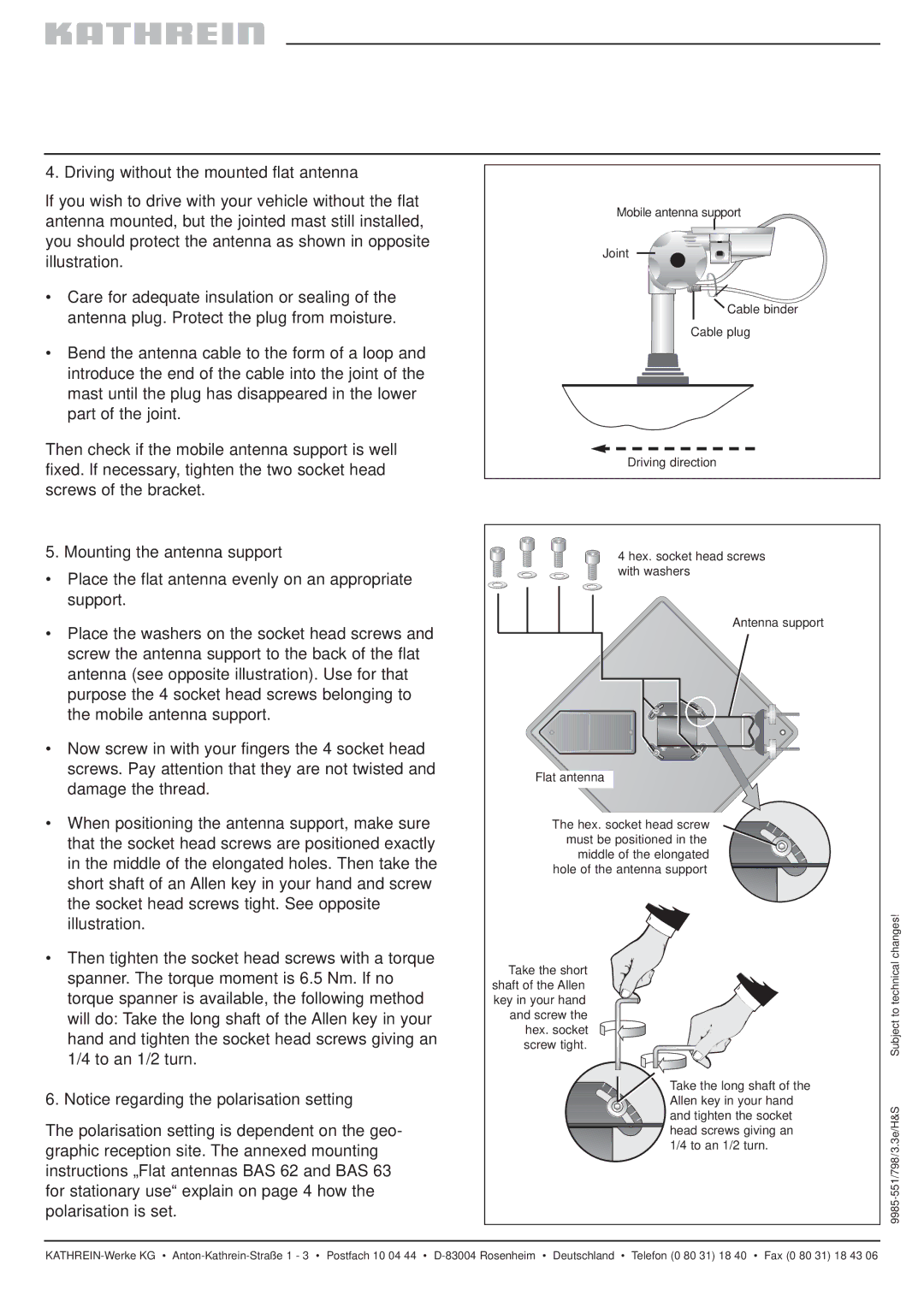 Kathrein BAS 61, BAS 60 brochure Driving without the mounted flat antenna, Mounting the antenna support 