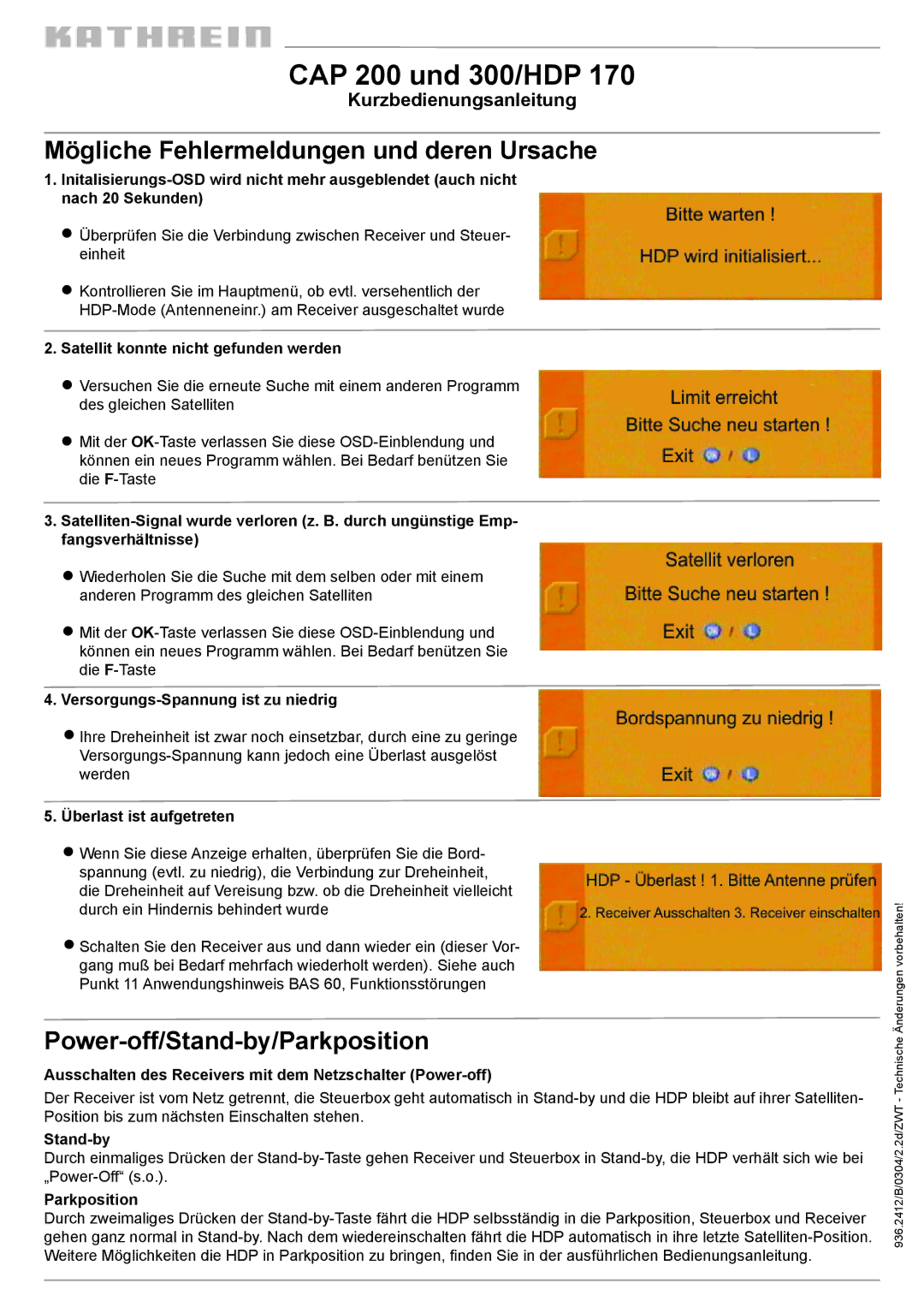 Kathrein CAP 300, CAP 200, 300/HDP 170 manual Mögliche Fehlermeldungen und deren Ursache, Power-off/Stand-by/Parkposition 