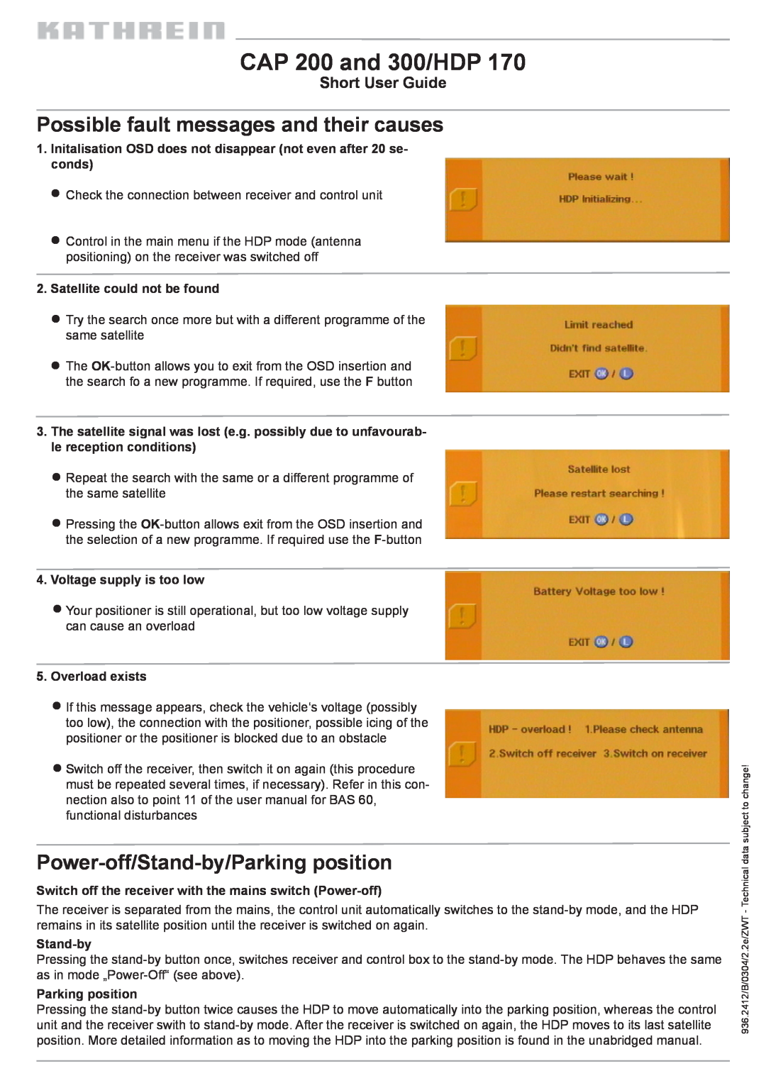 Kathrein CAP 200, CAP 300 Possible fault messages and their causes, Power-off/Stand-by/Parking position, Short User Guide 