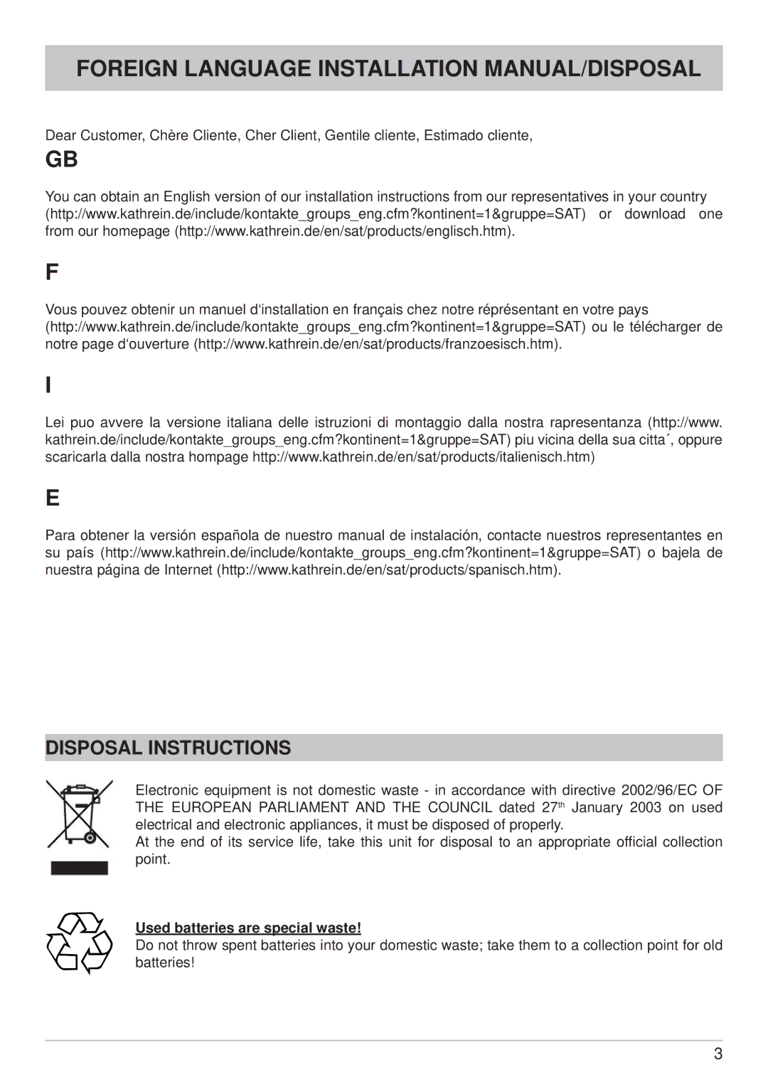 Kathrein CAP 600 Foreign Language Installation MANUAL/DISPOSAL, Disposal Instructions, Used batteries are special waste 