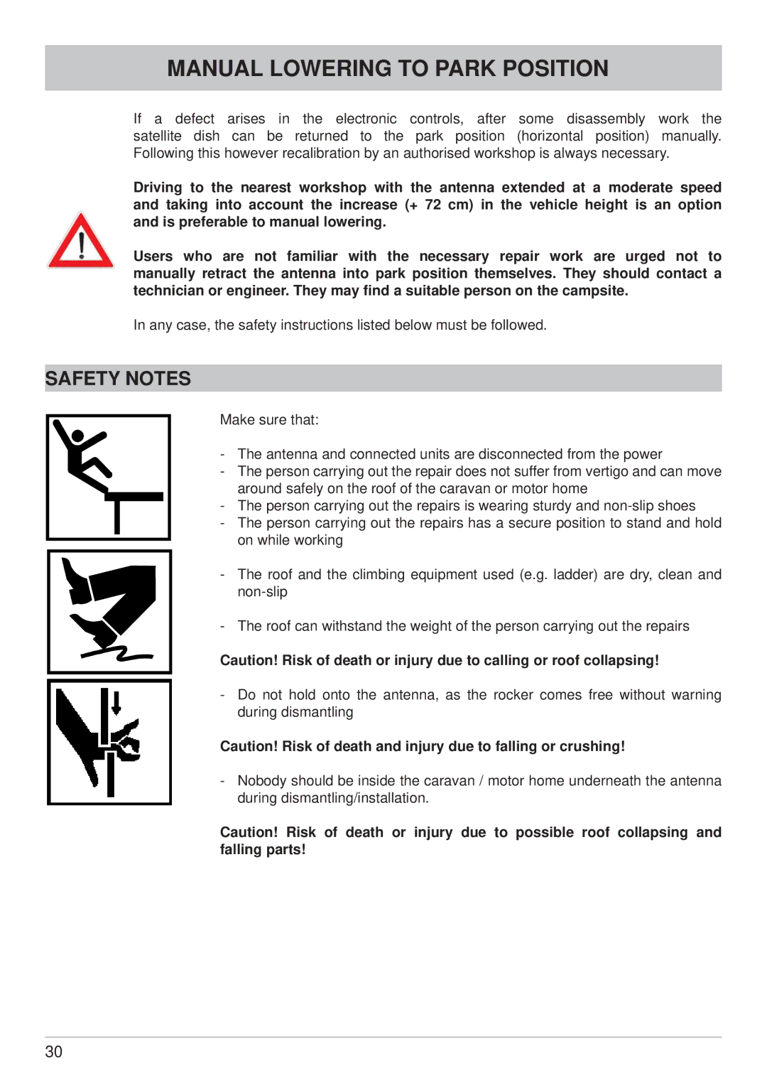 Kathrein CAP 600 manual Manual Lowering to Park Position, Safety Notes 