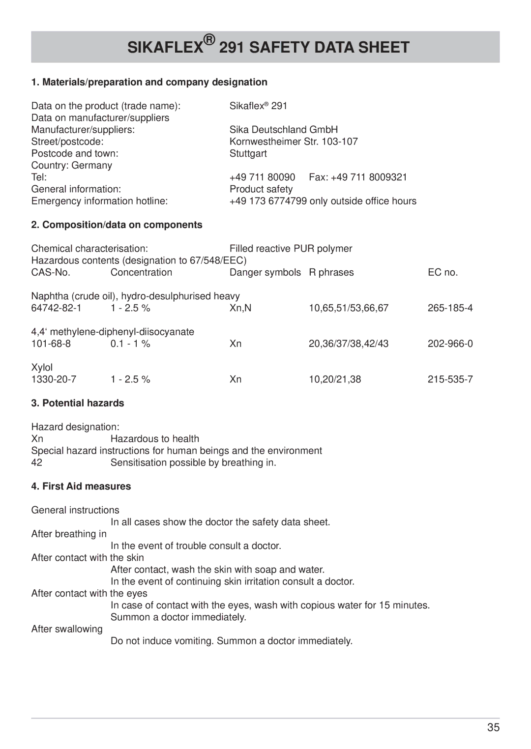 Kathrein CAP 600 manual Sikaflex 291 Safety Data Sheet, Materials/preparation and company designation, Potential hazards 