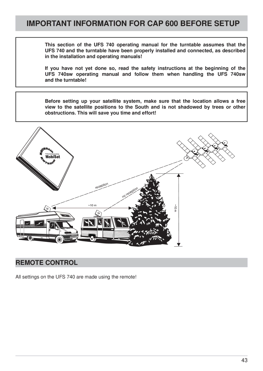 Kathrein manual Important Information for CAP 600 Before Setup, Remote Control 