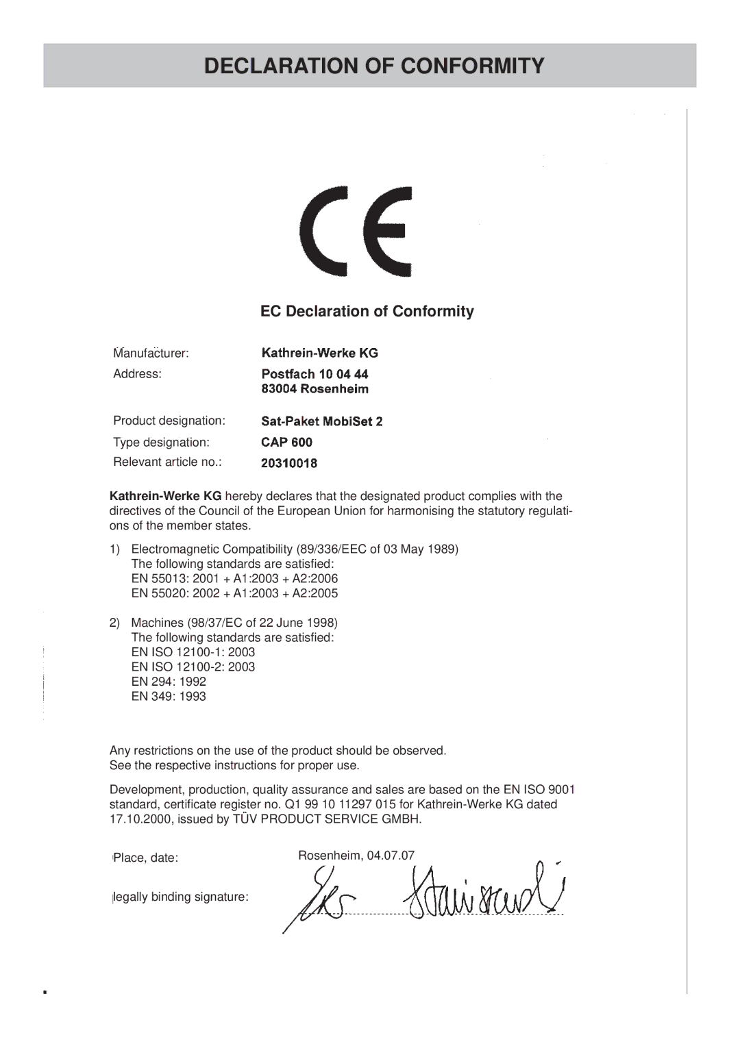 Kathrein CAP 600 manual EC Declaration of Conformity 