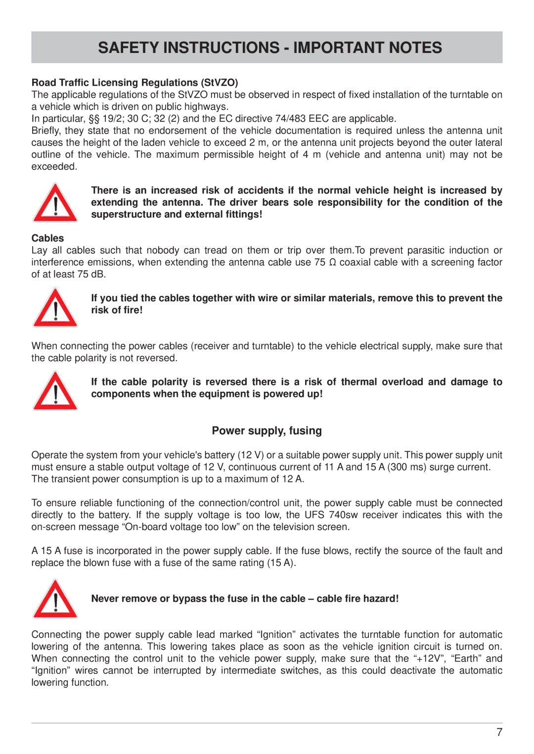 Kathrein CAP 600 manual Power supply, fusing, Road Trafﬁc Licensing Regulations StVZO 