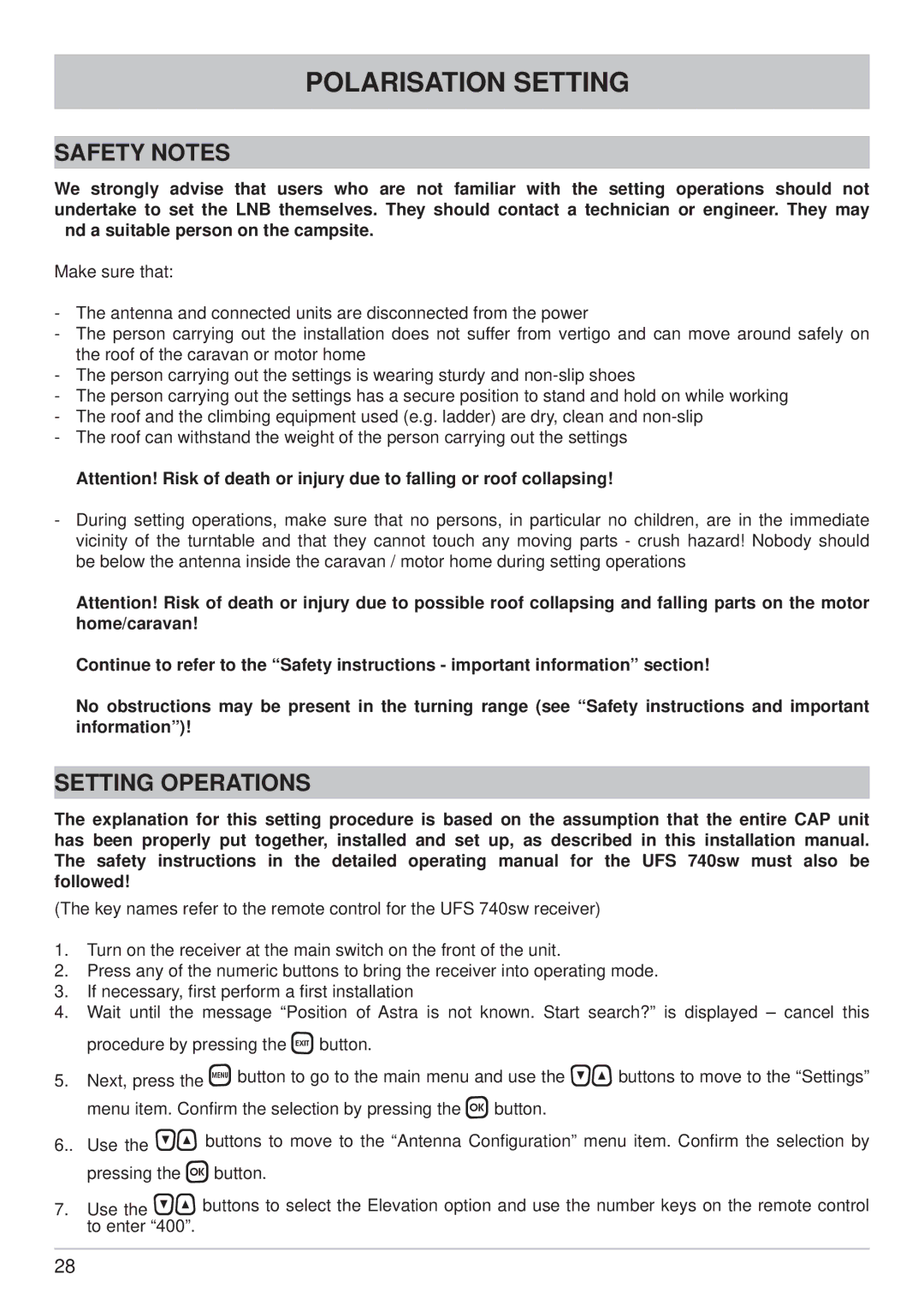 Kathrein CAP 700 manual Safety Notes, Setting Operations 