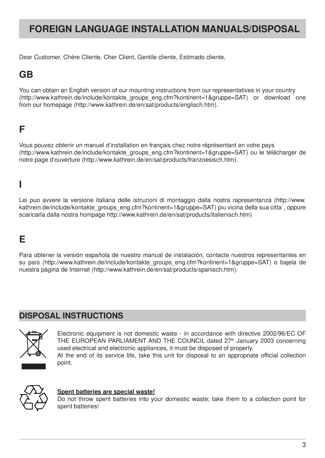 Kathrein CAP 700 Foreign Language Installation MANUALS/DISPOSAL, Disposal Instructions, Spent batteries are special waste 