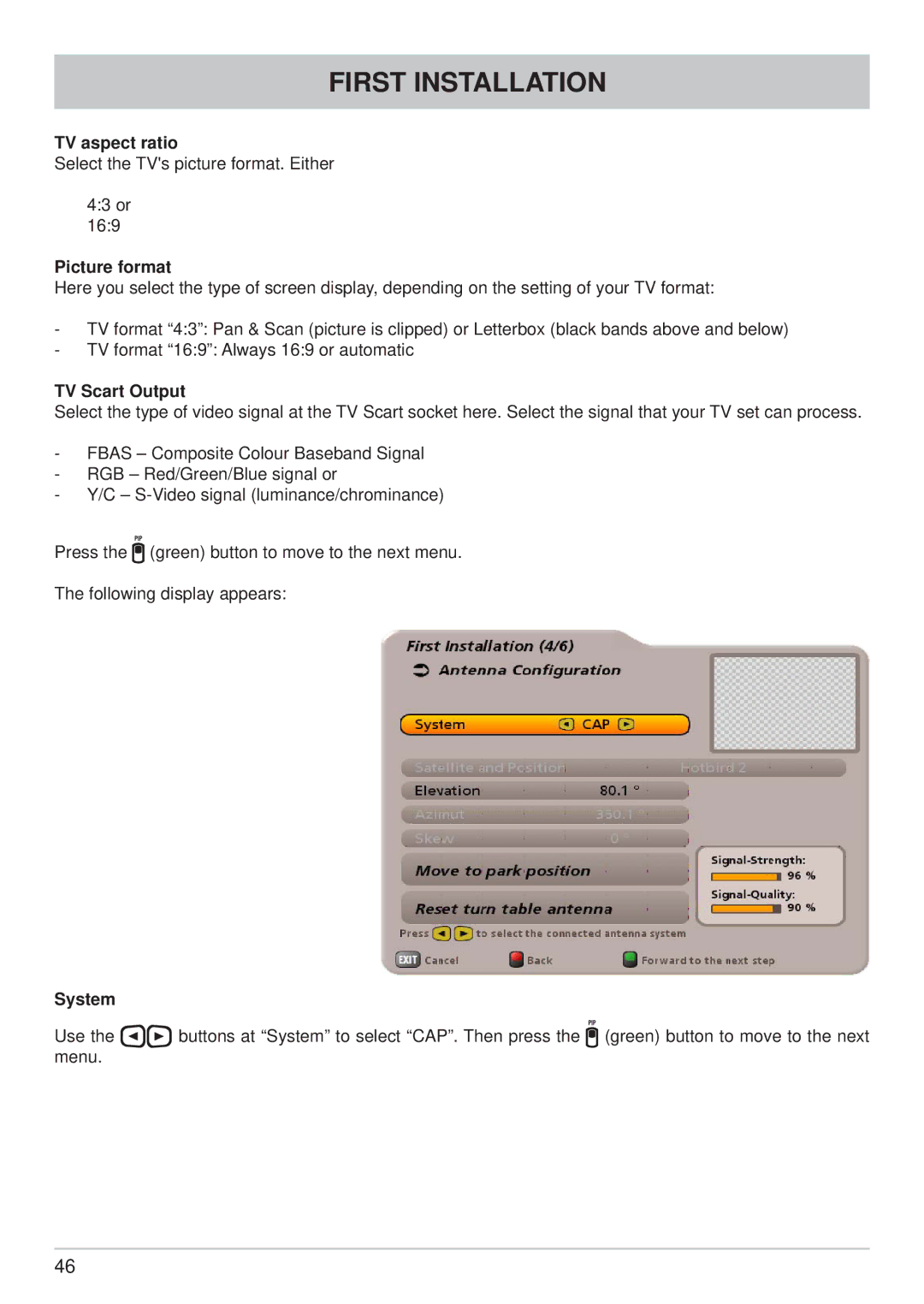 Kathrein CAP 700 manual TV aspect ratio, Picture format, TV Scart Output, System 